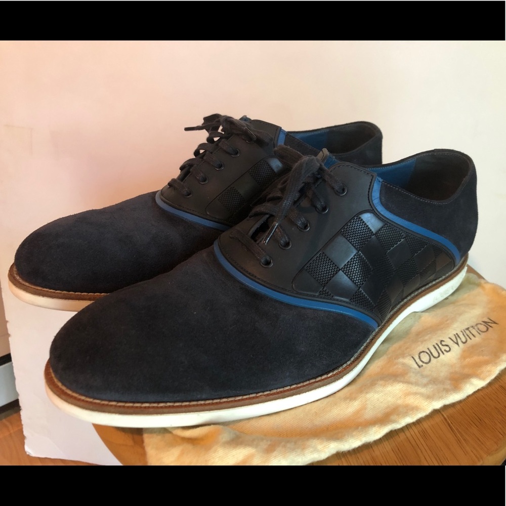 Louis Vuitton Blue Suede Leather Damier Mens Shoe